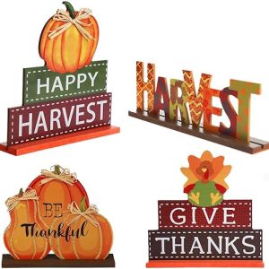 MorTime 4 Pack Thanksgiving Themed Table Centerpiece Signs, Wood Pumpkin Table Decor Harvest