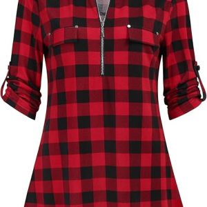 Ninedaily Women's 3/4 Sleeve Plaid Shirts Zip Floral Casual Tunic Blouse Tops