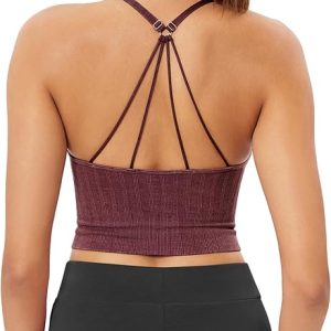 ODODOS Seamless Padded Sports Bra for Women Strappy Longline Wirefree Brami Ribbed Crop Tank Tops