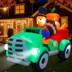 OurWarm 8FT Thanksgiving Inflatables Turkey Driving Car, Blow Up Turkey Inflatable with Built-in Blower & LED Lights