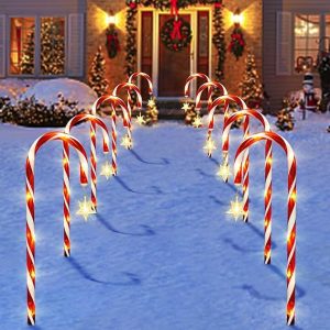 Outdoor Christmas Decorations, 10 Pcs Christmas Candy Cane Lights with Hanging Star