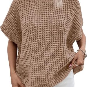 Pink Queen Women's Mock Neck Batwing Short Sleeve Loose Oversized Knit Pullover Sweater Jumper Tops