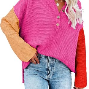 Pink Queen Women's V Neck Button Sweater Oversized Batwing Long Sleeve Henley Pullover Knit Jumper Top