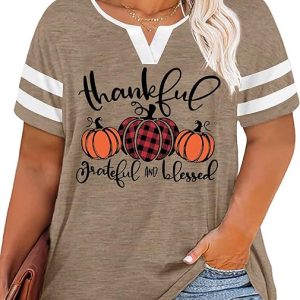 Plus Size Thanksgiving Shirts Women Thankful Grateful Blessed Shirt Leopard Pumpkin Print Casual Fall Tops