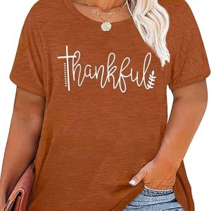 Plus Size Thanksgiving Tshirts Women Thankful Graphic Letter Print T-Shirt Casual Short Sleeve Tee Tops