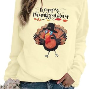 QLIPIN Thanksgiving Sweatshirts for Women Funny Turkey Graphic Shirt Happy Thanksgiving Fall Long Sleeve Pullover Tops