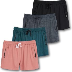 Real Essentials 4 Pack: Womens Active Athletic Performance Dry-Fit Shorts with Zipper Pockets (Available in Plus Size)