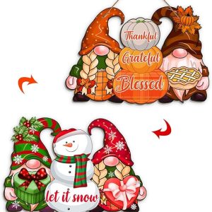 Reversible Fall Thanksgiving And Winter Christmas Sign Wooden Hanging Double Sided Sign Holiday