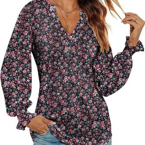 Romanstii Women's Casual V-Neck T-Shirts Loose Puff Long Sleeve Tops Tunic Blouses