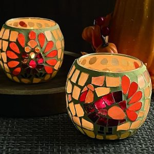 SHMILMH Thanksgiving Votive Candle Holder Set of 4, Mosaic Glass Tealight Holders