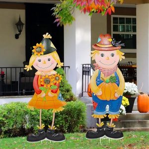 Set of 2 Fall Day Yard Stakes, 30.7" Metal Boy & Girl Scarecrows Standing Signs for Thanksgiving