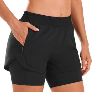 Stelle Women 2 in 1 Running Shorts High Waisted Athletic Shorts Gym Workout Shorts with Liner Zipper Pockets