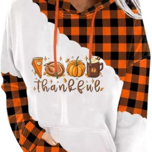 TAOHONG Women Thankful Pumpkin Sweatshirt Thanksgiving Turkey Plaid Hoodie Casual Fall Long Sleeve Pullover Tops with Pocket