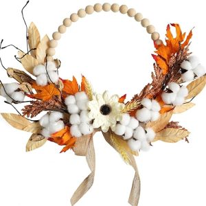 TEMPUS 16" Autumn Artificial Wood Bead Wreath Fall Maple Leaves Wreath Cotton Grain Harvest Half Circle Wreath