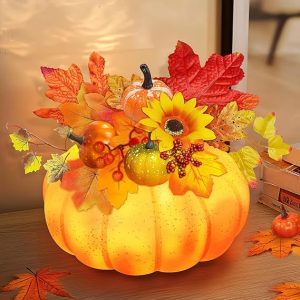 TURNMEON [ Inner Lighted & Prelit 7.5 Inch Lighted Fake Pumpkin Thanksgiving Decorations with Maples Leafed