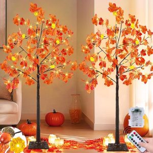 TURNMEON Thanksgiving Decorations 2 Pack 4 Ft Prelit Lighted Fall Maple Tree with Remote Control Timer 3D Patented