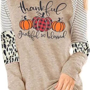 Thankful Grateful Blessed Print T Shirt Women Thanksgiving Pumpkin Long Sleeve Blouse Leopard Printed Striped Fall Tee