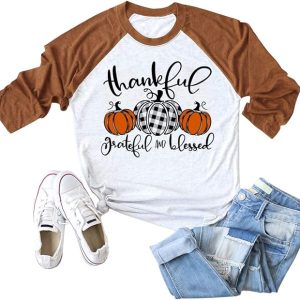 Thankful Grateful and Blessed Thanksgiving Buffalo Plaid Pumpkin Shirts for Women Raglan 3/4 Sleeve Tops Tee