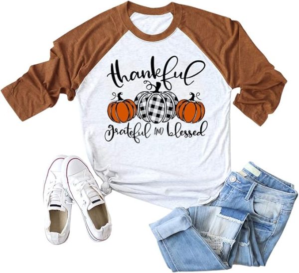 Thankful Grateful and Blessed Thanksgiving Buffalo Plaid Pumpkin Shirts for Women Raglan 3/4 Sleeve Tops Tee