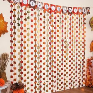 Thanksgiving Decorations 2Pack Red Gold Orange Maple Leaves Fall Decor 3.3 X 6.6 ft Metallic Foil Fringe Curtains