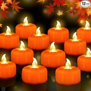 Thanksgiving Decorations Pumpkin Tea Lights Fall Decor, 12 Pack LED Orange Pumpkin Lights