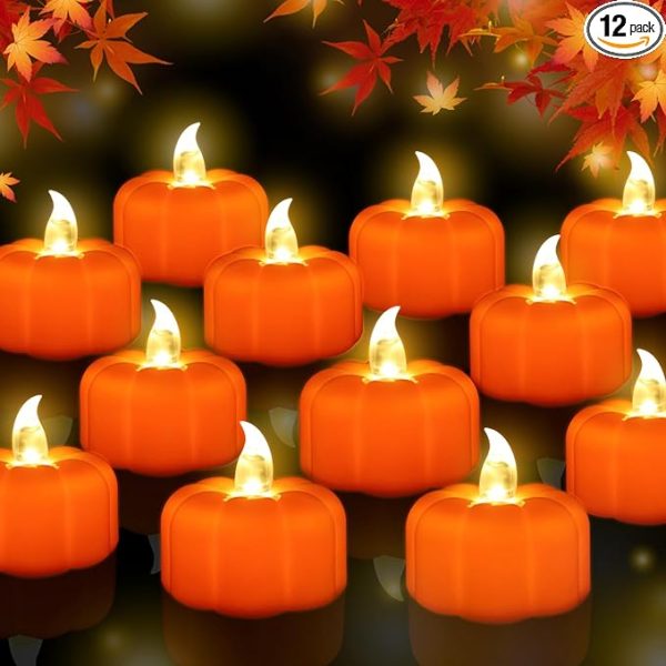 Thanksgiving Decorations Pumpkin Tea Lights Fall Decor, 12 Pack LED Orange Pumpkin Lights