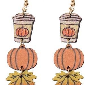 Thanksgiving Fall Earrings for Women Wooden Maple Leaf Pumpkin Drop Dangle Earrings