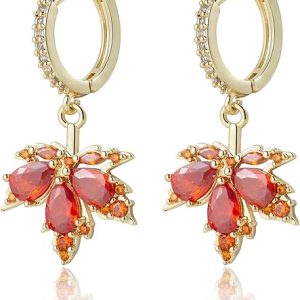 Thanksgiving Maple Leaf Earrings, Rhinestone Hoop Earrings Cubic