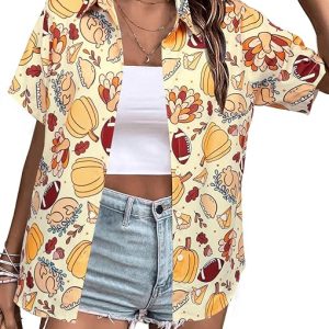 Thanksgiving Shirt Women Funny Pumpkin Button Up Shirt Turkey Blouse Hawaiian Beach Shirt