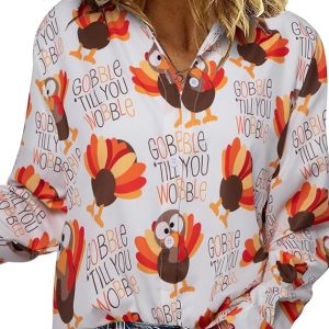 Thanksgiving Shirt Women Turkey Shirts Thanksgiving Pumpkin Long Sleeve Button Down Blouse Thankful Grateful Blessed Fall Top