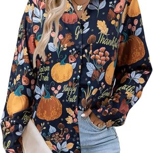 Thanksgiving Shirts for Women Turkey Shirt Pumpkin Button Down Long Sleeve Blouse Thankful Shirt Fall Clothes Tops