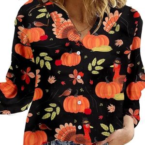 Thanksgiving Turkey Shirt Women Thanksful Turkey Pumpkin Graphics Button Down Blouse Turkey Long Sleeve Holiday Tops