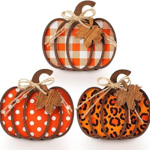 Thyle 3 Pcs Thanksgiving Pumpkin Decor Wood Buffalo Plaid Harvest Thanksgiving Farmhouse Table