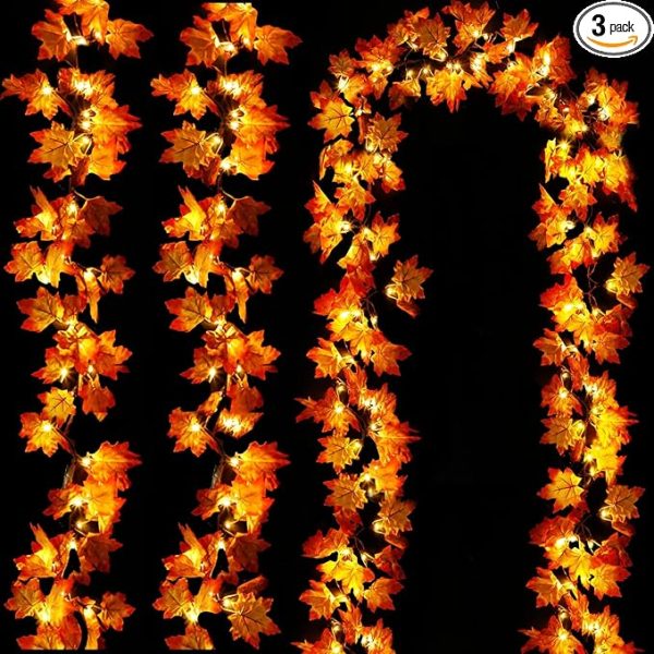 [ Timer & 3 Pack ] 30Ft Fall Garland Thanksgiving Decorations for Home 60 LED Leafed Lights