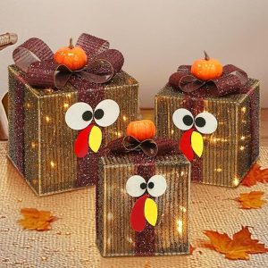 [Timer & 8 Modes]３Pack Turkey Thanksgiving Lighted Gift Boxes with 3D Pumpkin 60 LED Lights