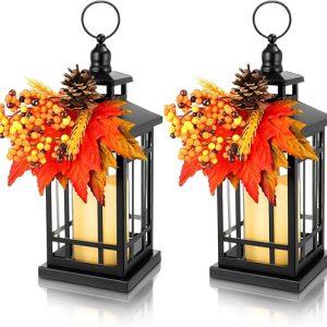 Tuanse 2 Pcs Fall Decorations for Home Rustic Metal Lantern Decorative 14 inch Thanksgiving