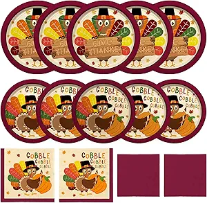 Turkey Thanksgiving Party Supplies Kit, Autumn Disposable Dinnerware Includes, Paper Dinner Plates, Dessert Plates