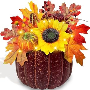 Turnmeon 10 Inch Large Pumpkin Thanksgiving Decorations 10 LED Battery Operated 8 Maple Leafed 3 Berried Stems 5 Pumpkins Sunflower