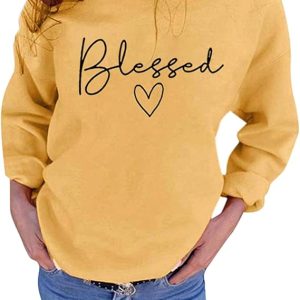 UNIQUEONE Blessed Sweatshirt for Women Letter Print Lightweight Thanksgiving Pullover Tops Blouse