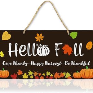 Uflashmi Hello Fall Sign, Hello Fall Hanging Signs for Front Door Wall Decor, Harvest Thanksgiving