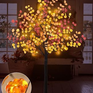 Uieke 4FT 48LED Lighted Fall Eucalyptus Tree Artificial Fall Tree with 12PCS Pumpkins & 8 Modes Thanksgiving