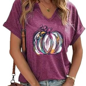 V Neck Fall Shirts for Women Pumpkin Graphic T Shirts Cute Halloween Tops Thanksgiving Tee