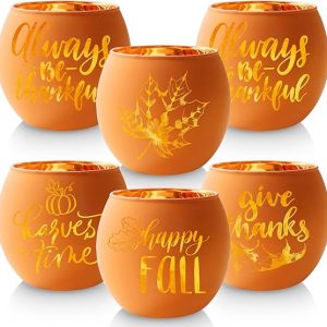 WDHODEC Thanksgiving Candle Holders 6 Pieces Orange Pumpkin Glass Votive Candle Holder