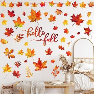 Whaline Fall Wall Decor Stickers Hello Fall Maple Leaves Wall Decals Small Room Mural Stickers for Autumn