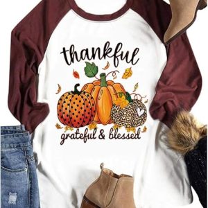 Women Give Thanks Pumpkin Letter Print T-Shirt Thanksgiving Baseball 3/4 Sleeve Top