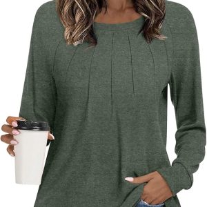 Womens 2024 Fall Tunic Tops Casual Long Sleeve Pleated Blouse Warm Loose Dressy Tshirt For Legging