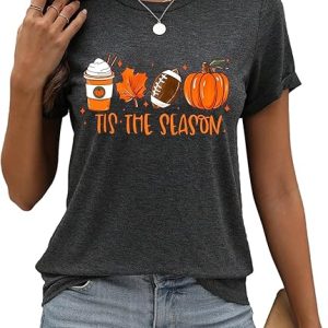 Women's Casual Crew Neck Short Sleeve Fall Tops Holiday Shirts Tis The Season Graphic T-Shirts