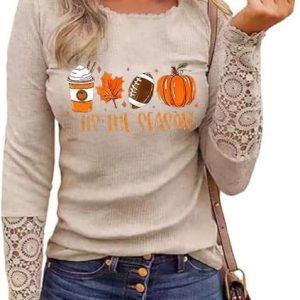 Womens Fall Pumpkin Shirt Funny Halloween Thanksgiving Lace Splicing Long Sleeve Tee Holiday Family Party Aumtun Tops