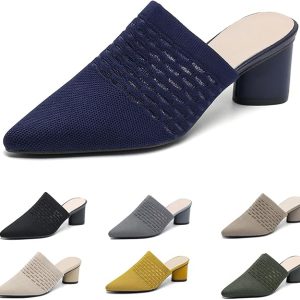 Women’s Knit Mesh Chunky Heel Mules Closed Pointed Toe Backless Slip On Mid Block Heel Dress Slide Sandals Summer Breathable Daily Party Pumps