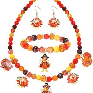 XOCARTIGE Thanksgiving Fall Necklace Bracelet Earrings Set, Chunky Pumpkin Maple Leaf Turkey Bubblegum Necklace